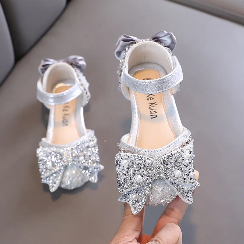 Children Sandals Girl\'s Rhinestone Shoes Kids Bow Princess Sandals Fashion Non-slip Flat Shoes Wedding Performance Sandals H536