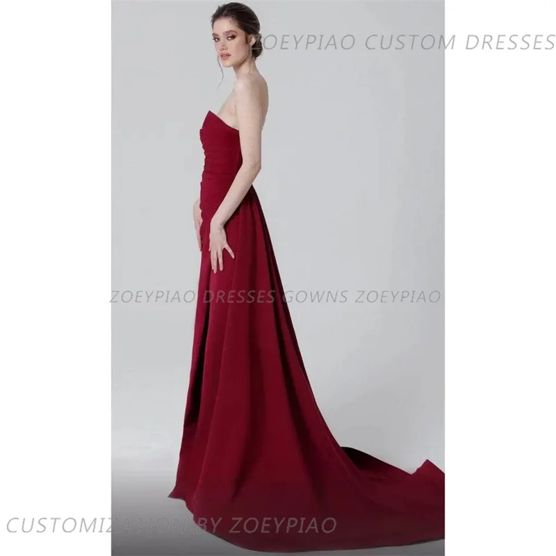 Wine Red Long Side Slit Satin Prom Dress Strapless Dubai Party Gown Long vestidos de graduación Mermaid Arabic robes quinceanera