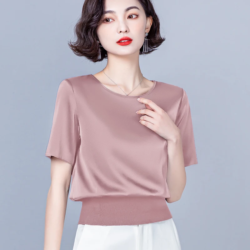 Summer Simple White Black Short Sleeve Silk Blouse Women Shirts Korea Office Ladies Work Party Blouses Female Slim Casual Tops