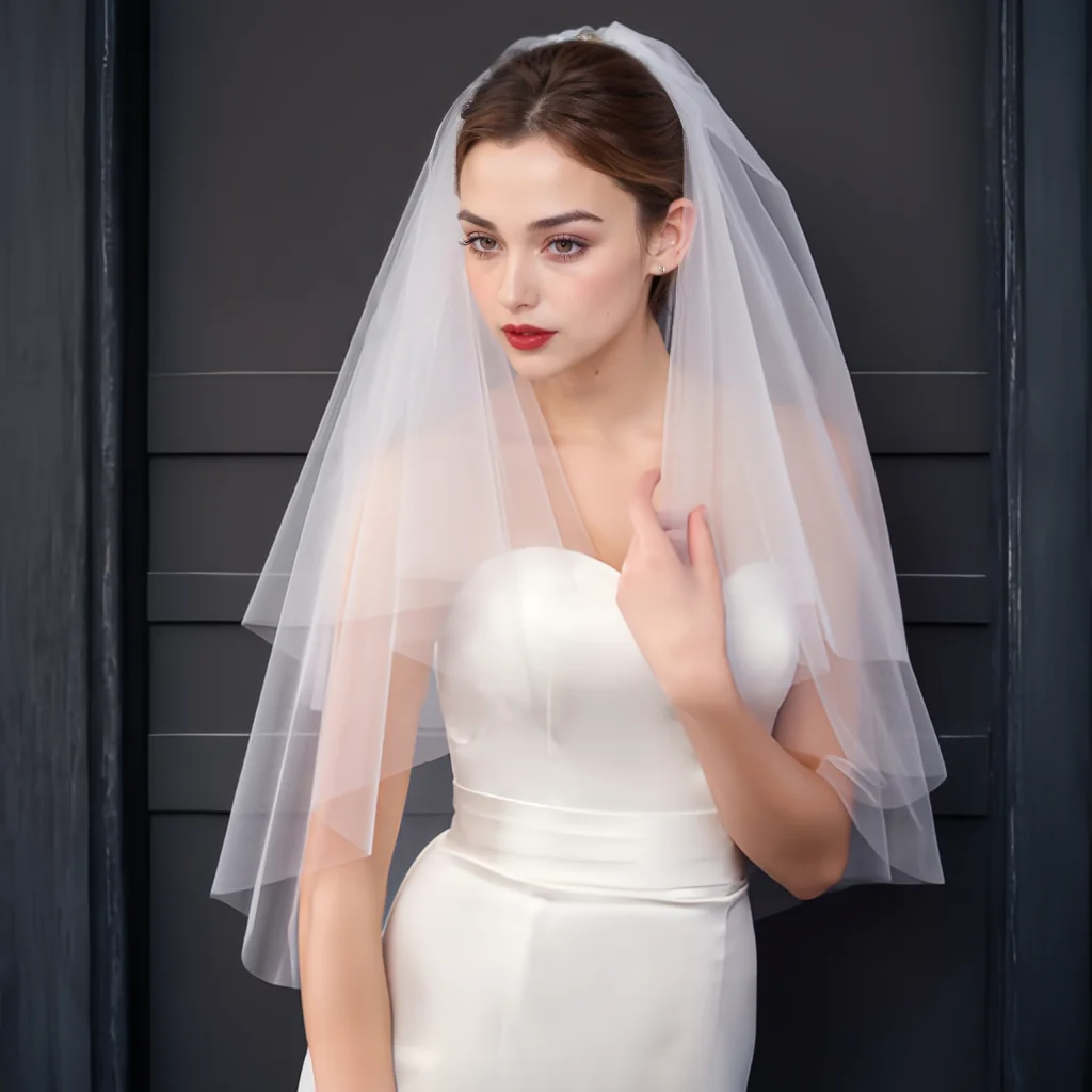 V28-Voile de Mariée Court Minimaliste à Deux Niveaux avec Peigne Blush, Accessoire Élégant pour Robe de Mariée