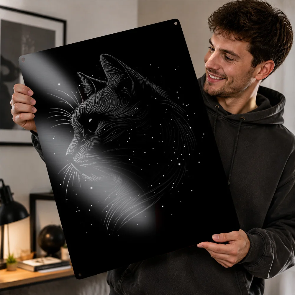 Black Cat Cosmic Silhouette Printed Poster Minimalist Wall Art For Bedroom Personalized Aluminum Metal Sign Housewarming Gift