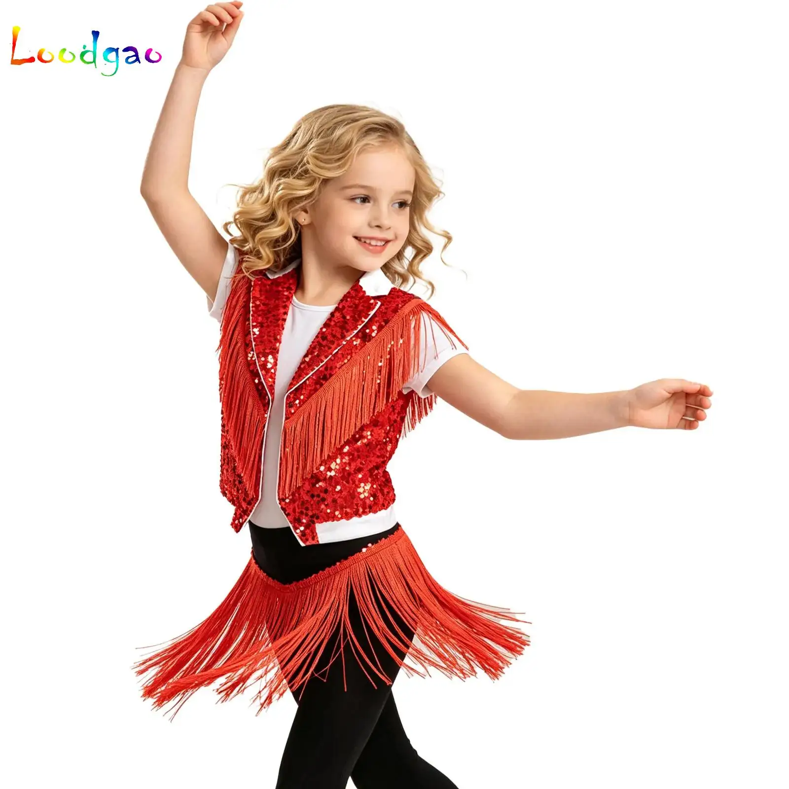 Girls Boys Jazz Hip Hop Dance Tops Costume Tassel Sparkling Sequin Vest Contrast Color Lapel Collar Sleeveless Tops Dancewear