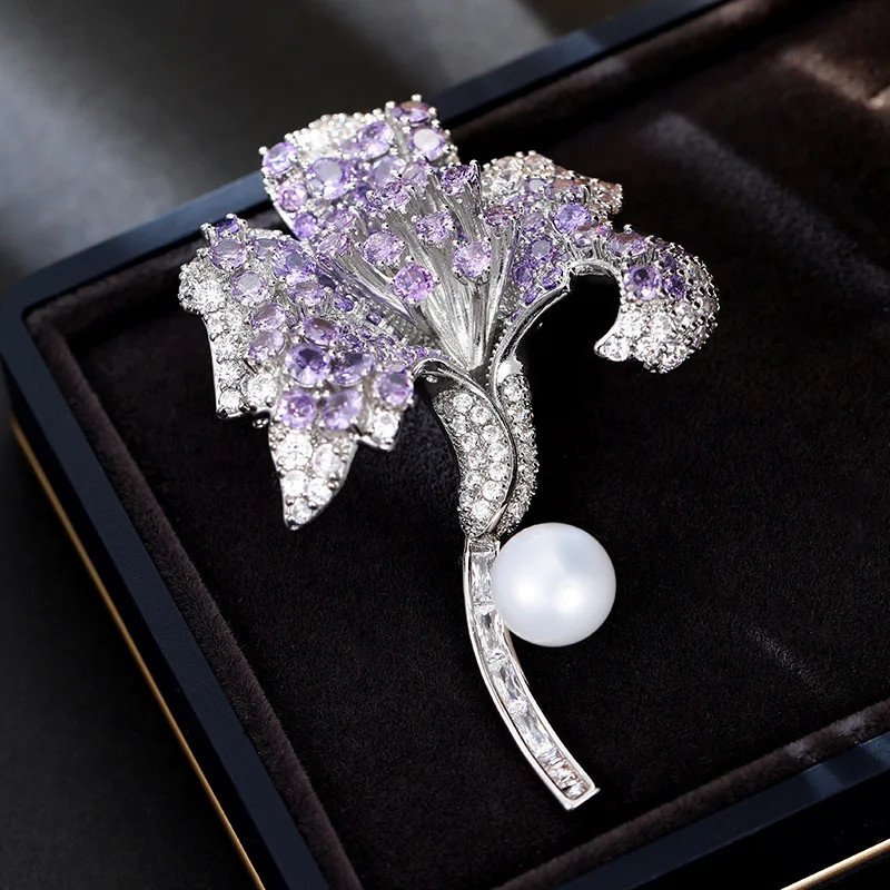 High-end Natural Pearl Carnation Zircon Brooch Women's Luxury and High-end Sense Exquisite and Elegant Suit Coat Accessories
