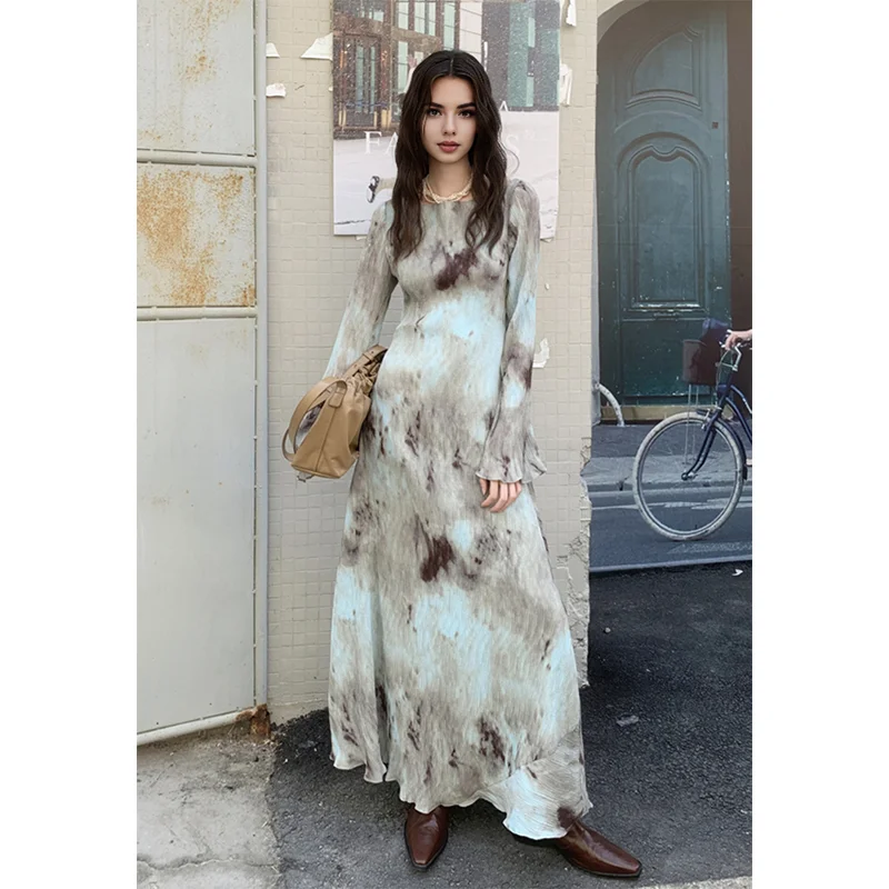 Autumn French Y2K Fashion Scene Vintage Style Maxi 90s Grunge Printing 2000's XS Dresses For Japanese Women 2000s Clothes