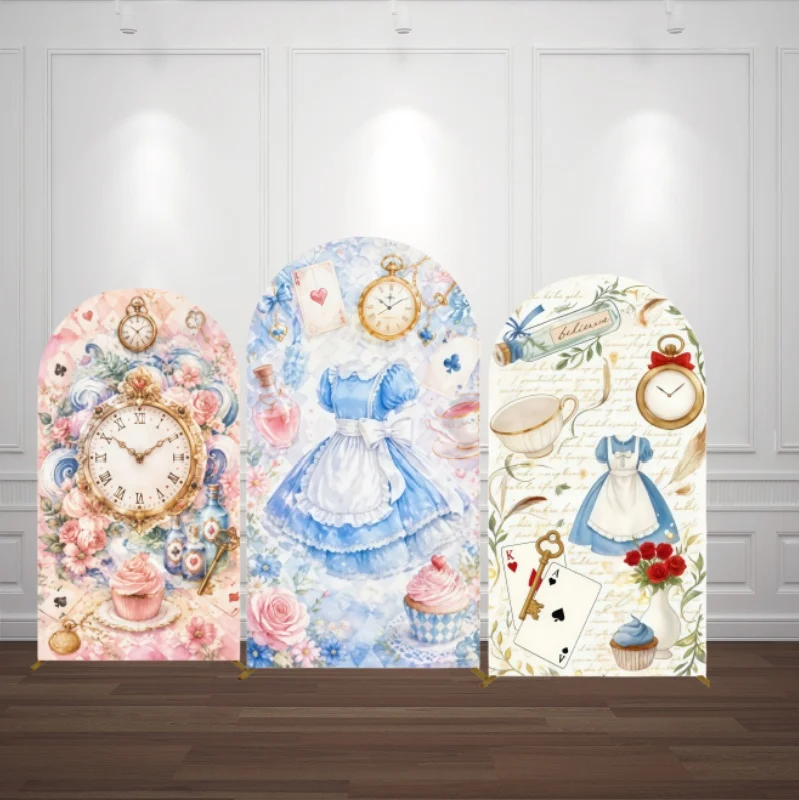 Alice Girls Wonderland Party Arched Background Birthday Tea Party Photography Flower Pocket Watch Photo Studio Backdrop Props