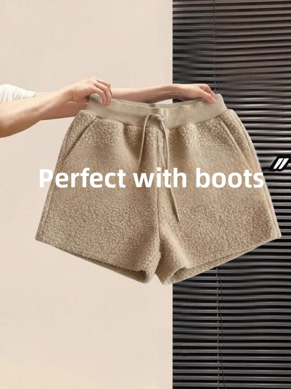 

Korean Style High Waist Thickened Lamb Fur Wide Leg Short Pants Women's Autumn Winter Outerwear Versatile Warm Fleece Lined H...