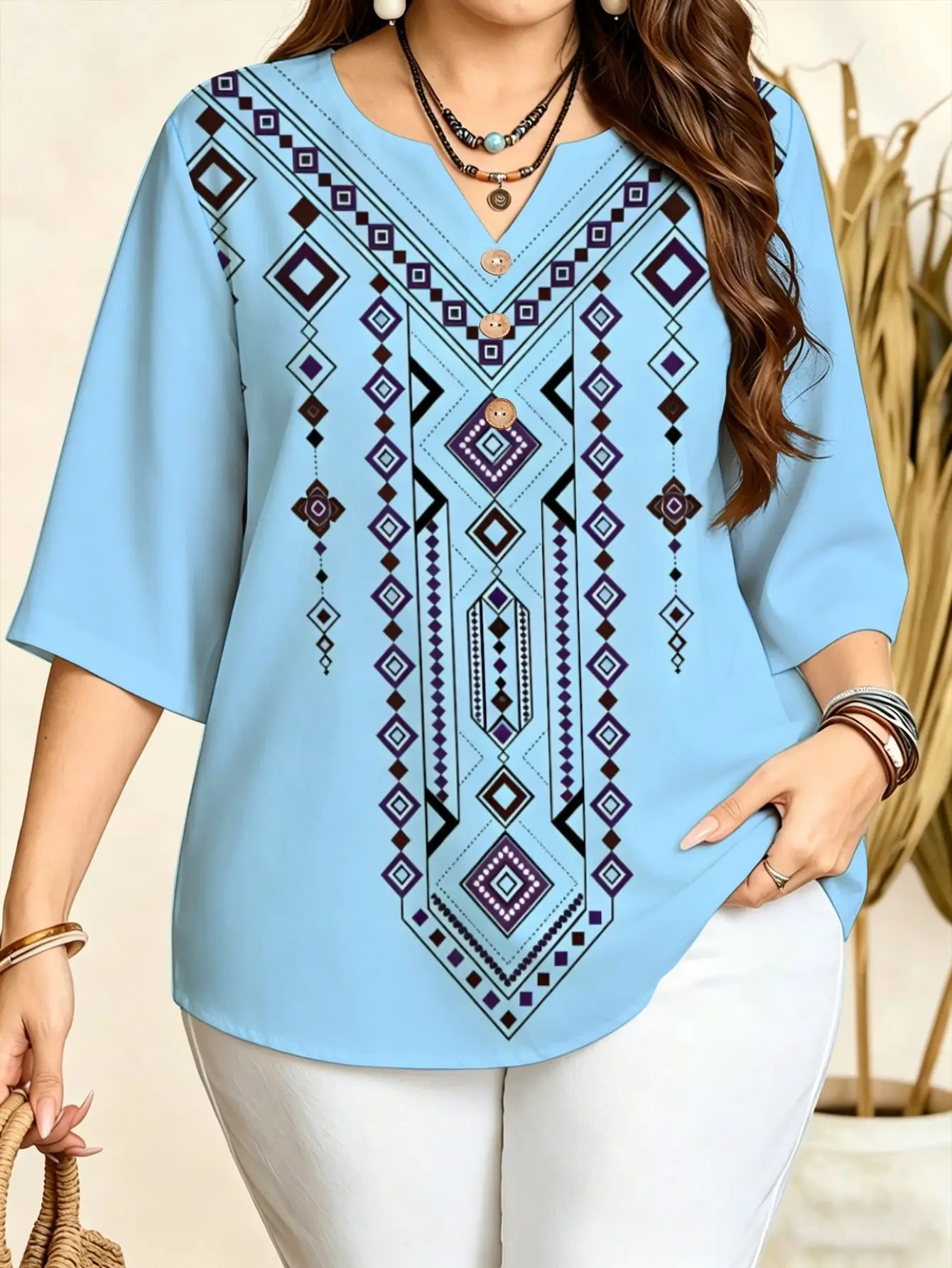 Boho Ethnic Tribal Diamond Geometric Print Women Blouse Notch V Neck 3/4 Sleeve Casual Shirts 5 Color Options Available