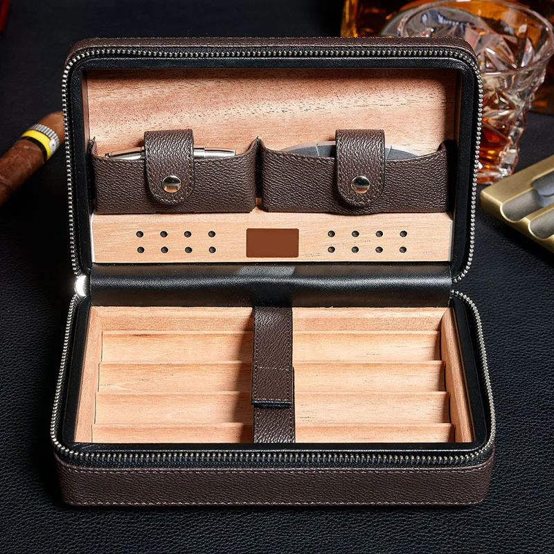 Cigar Case Humidor 4-pack Cedar Wood leather Cigar Storage Box