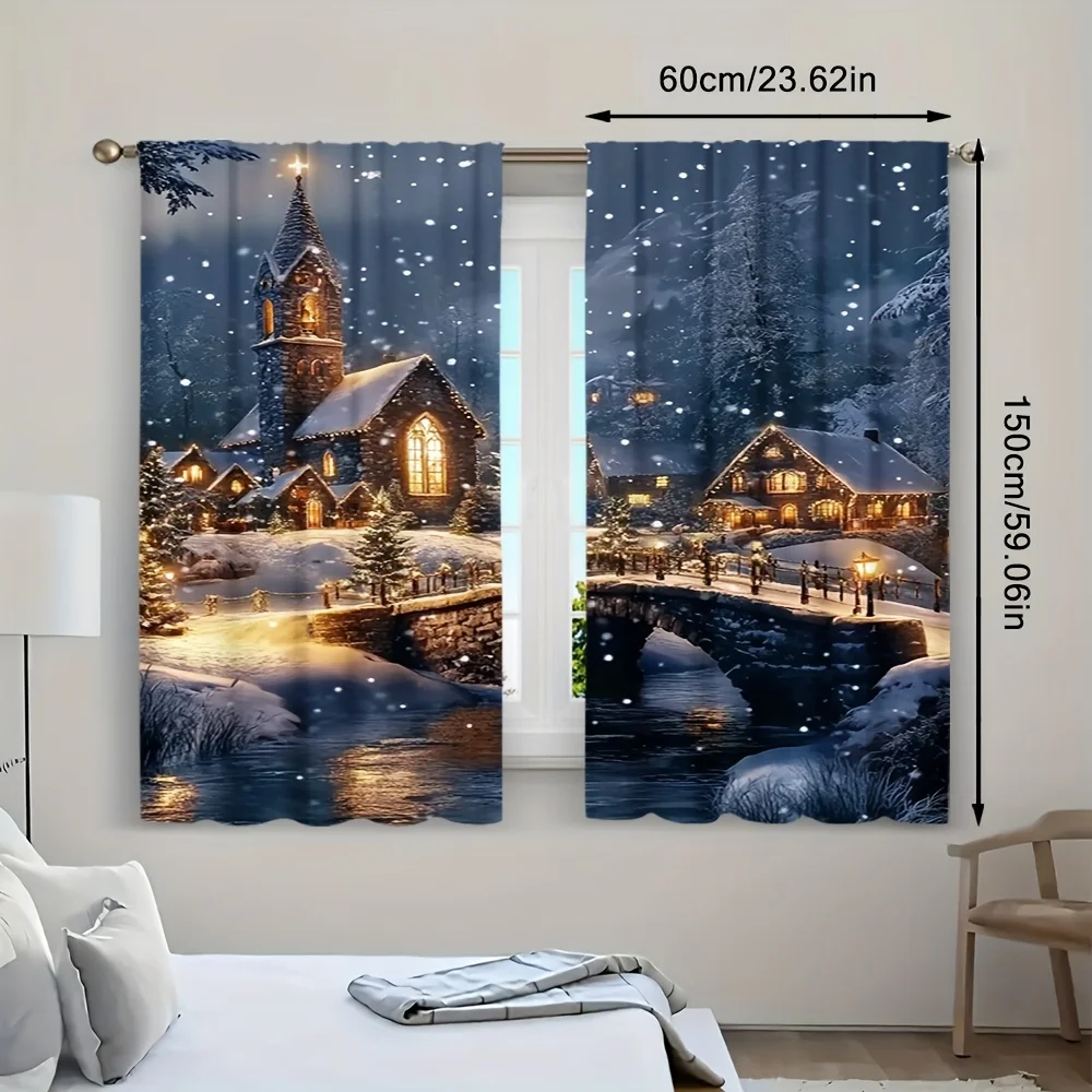 Christmas Village Winter Wonderland Pattern Rod Pocket Window Curtains Elegant Home Decor for Living Room and Bedroom