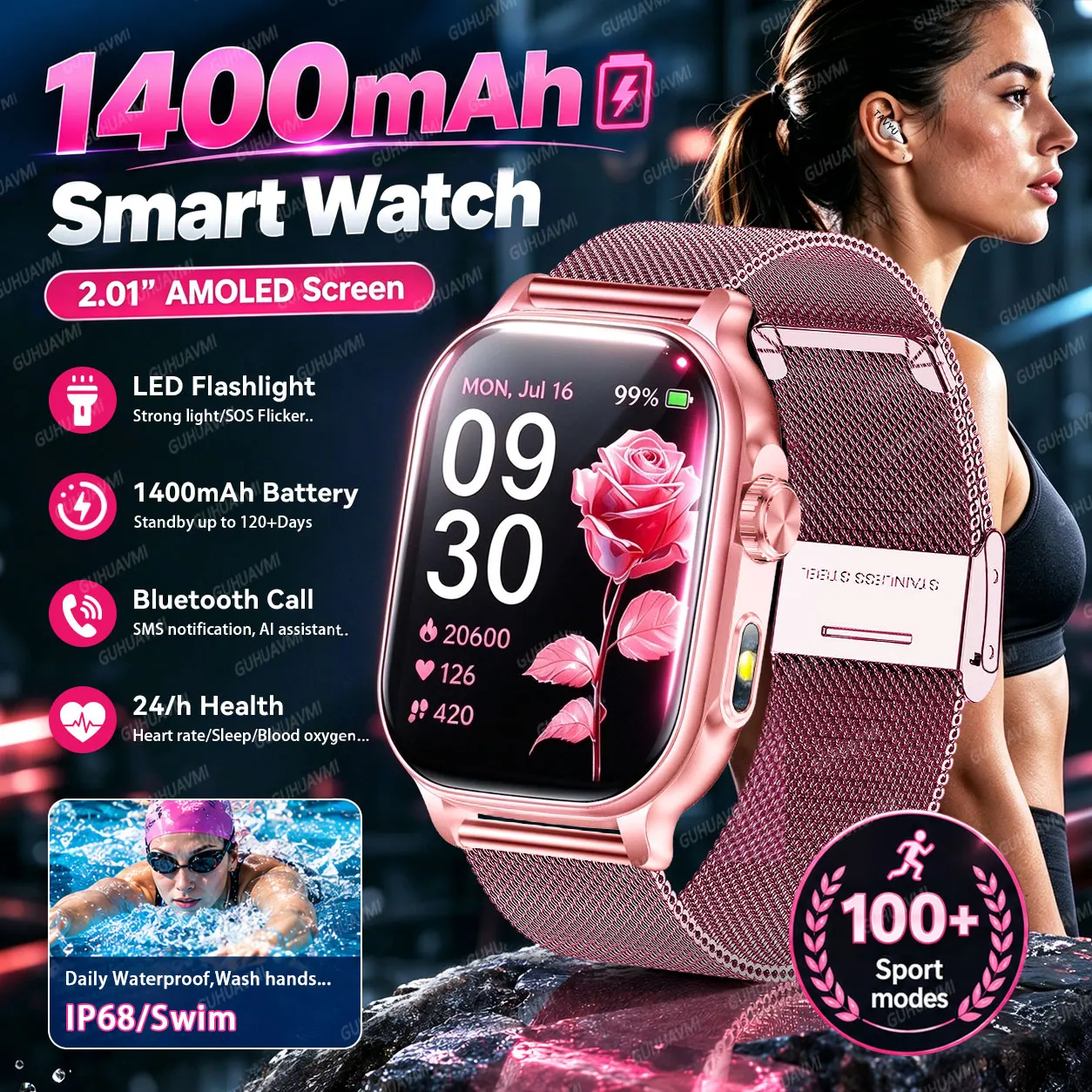 2026New Lady's Health Sports Smart Watch 200+dial 1400mAh Large Battery 2.01”AMOLED Flashlight Heart Rate Sleep HD Call Bracelet