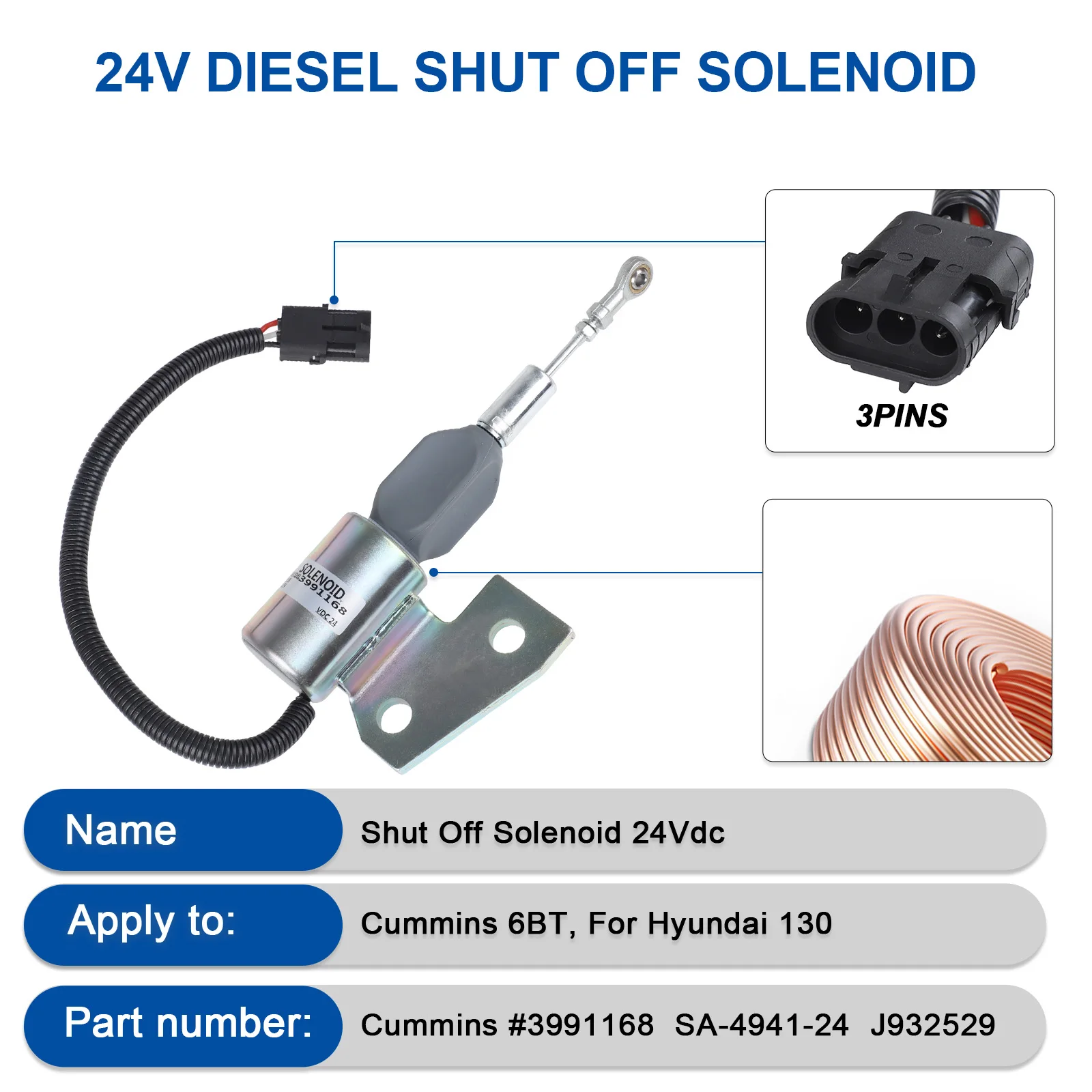 Diesel Generator Part 3991168 SA-4941-24 24V Fuel Shut Down Solenoid Valve Stop Solenoid For Cummins 4BT/6BT 5.9 Engine