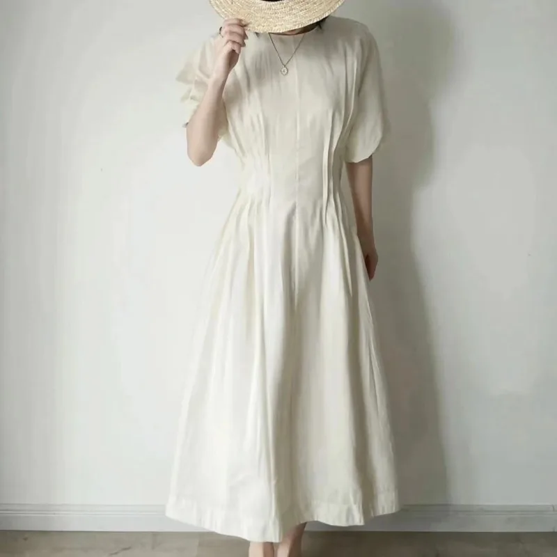 Simple O-neck Short Sleeve Dress Pleated Slim Waist A-line Puff Sleeved Robe Female Summer New Sweet Elegant Casual Vestidos