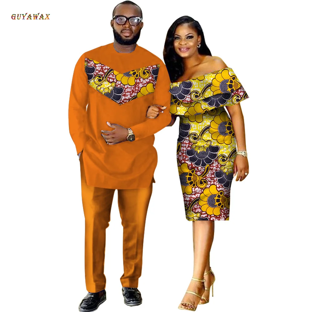 2 Piece Set African Dashiki Print Couple Clothing for Lovers Men Top Pant Set and Women Ruffle Sleeve Bodycon Dress Dashiki 6XL 