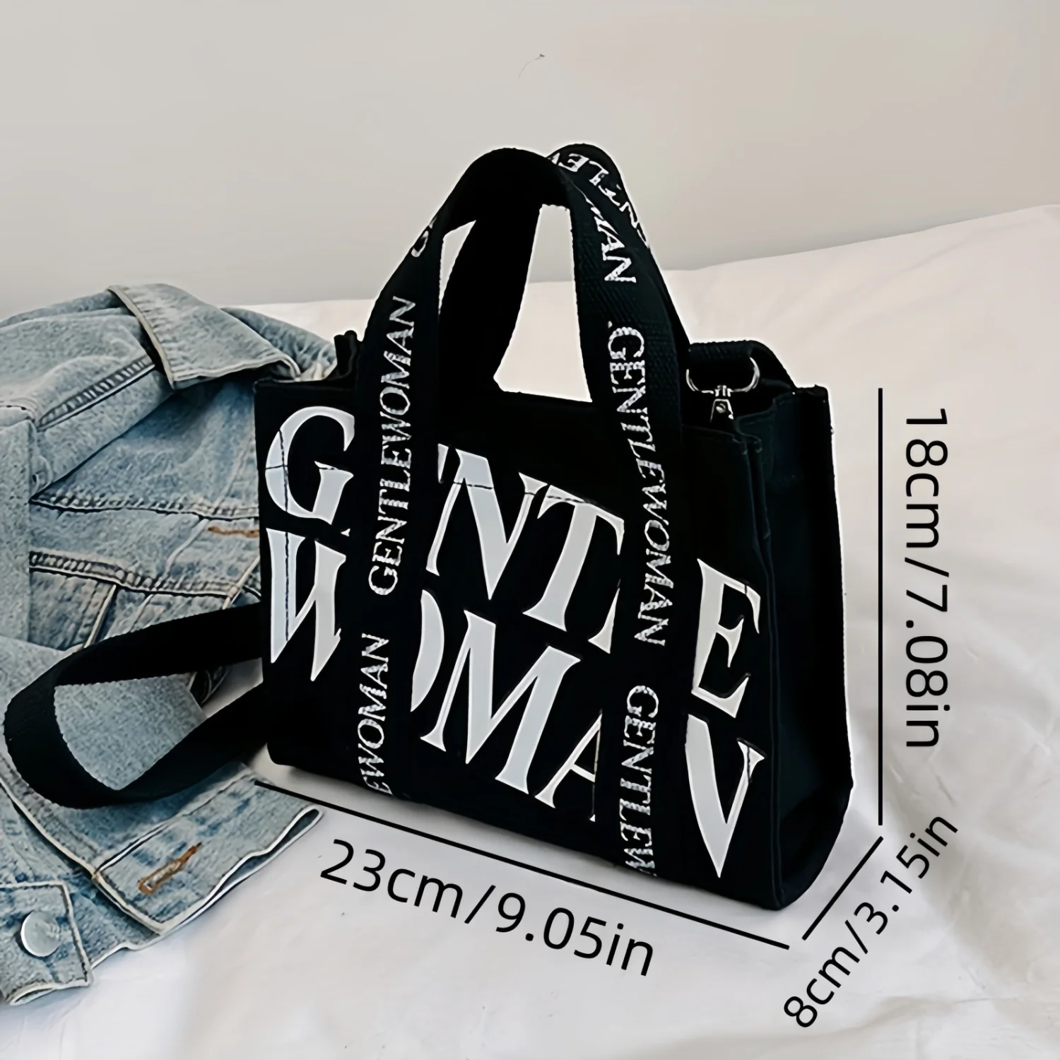 Fashion Canvas Mini Tote Bag Women Letter Print Wide Handle Handbag Shoulder Crossbody Outings.