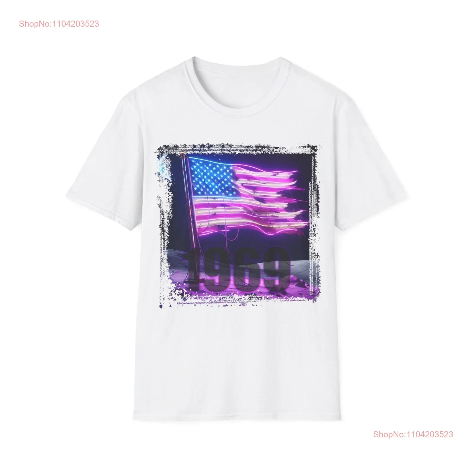 Neon USA 1969 Moon Landing T Shirt Illuminate Your Wardrobe with Historic Space and Galaxy Vibes Celestial Style Unleashed