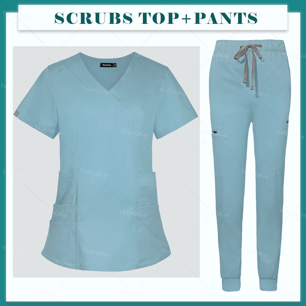 Set di Scrub per donna molte tasche uniformi per infermiere mediche di bellezza abbigliamento da lavoro clinico dentale ospedaliero accessori per abiti chirurgici