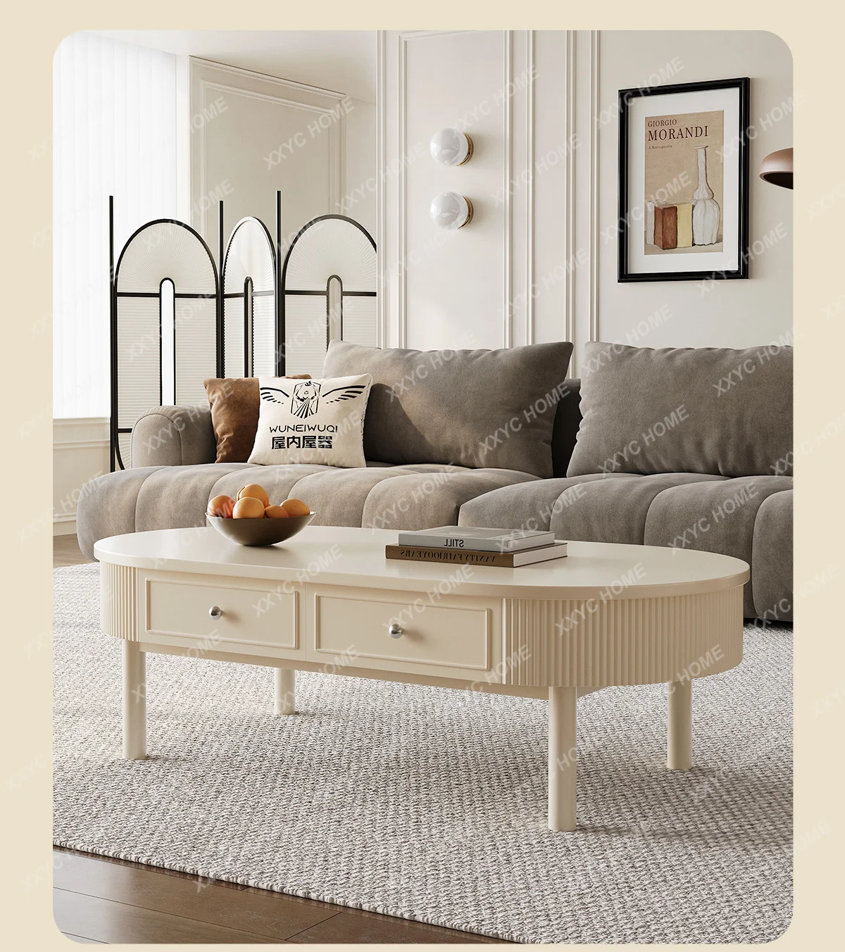 

Cream Style Tea Table Modern Minimalist Living Room Oval High Leg Storage Tea Table Combination