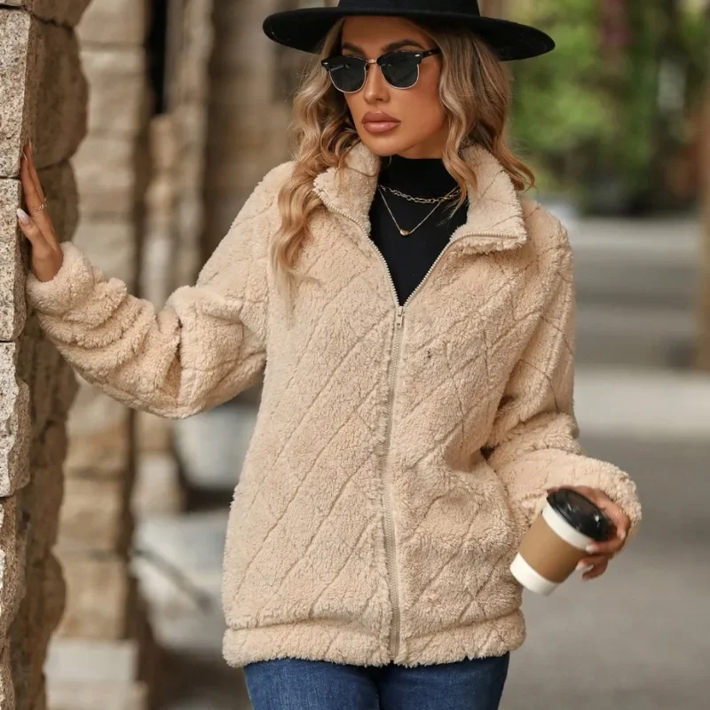 Women's autumn and winter new long-sleeved cardigan zipper rhombus plush jacket women