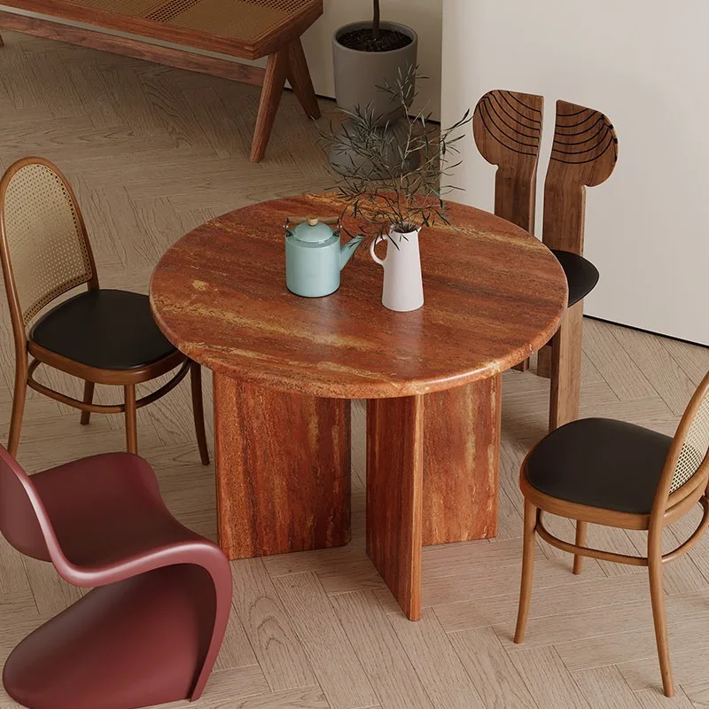 

Wabi Sabi Wind Natural Red Travertine Round Dining Table Small Household