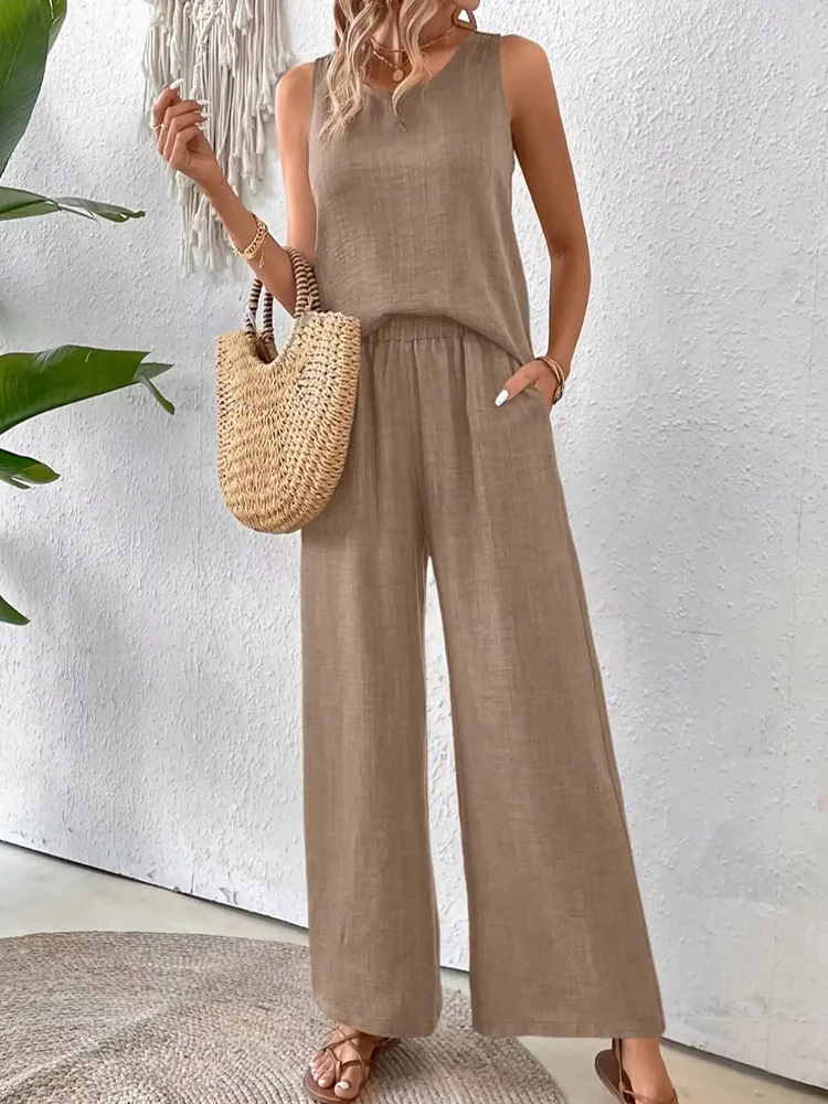 Summer Women's Sleeveless Casual Style Polyester Material 2024 New Fashion Round Neck Solid Color Back Hollow Lace Pants Set