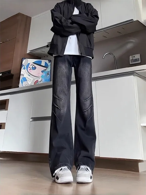 

Bla High Waist Straight Leg Men's Jeans Knife Waed Denim Slim Fit Micro Flared Pants American Retro Street Sle