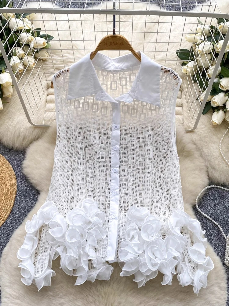 

Vintage Hollow Out Lace Shirts Sleeveless Blouse Slim Elegant Korean Fashion Sexy Spring Summer Women Shirt Femme Blusa