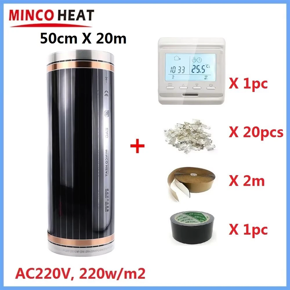 

MINCO HEAT 10m2/lot Infrared Heating Film 50cmX20m 220w/m2 Warm Floor Mat Kits