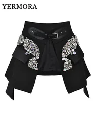 YERMORA Black Irregular Rhies Belted Mini Half-body Skirt High Waist Women Personality Fashion Tide New Spring Autumn 2024