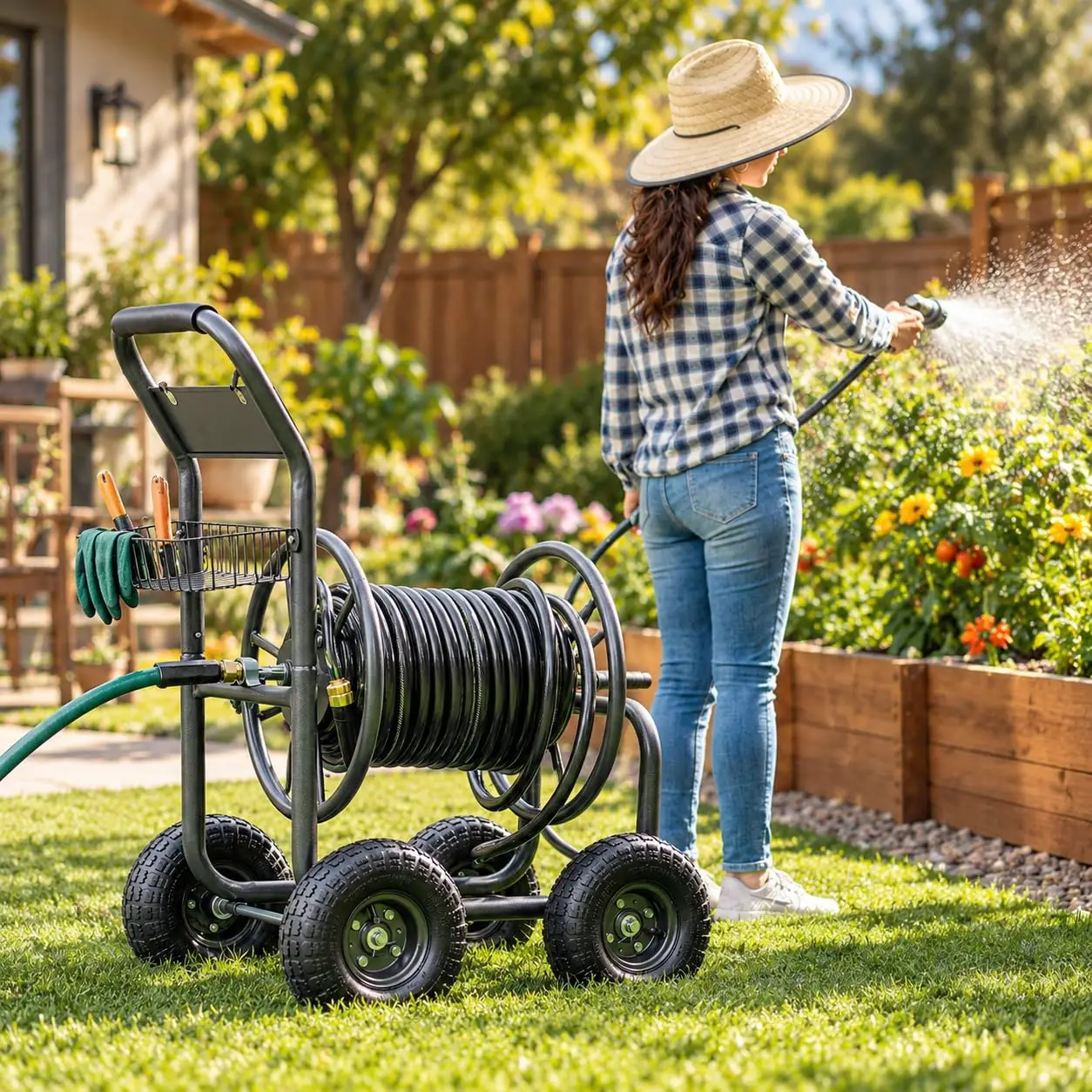 Garden Hose Reel Cart with Wheels, 300 FT Heavy Duty Water Hose Capacity, Portable Outdoor Hose Storage Organizer with Handle