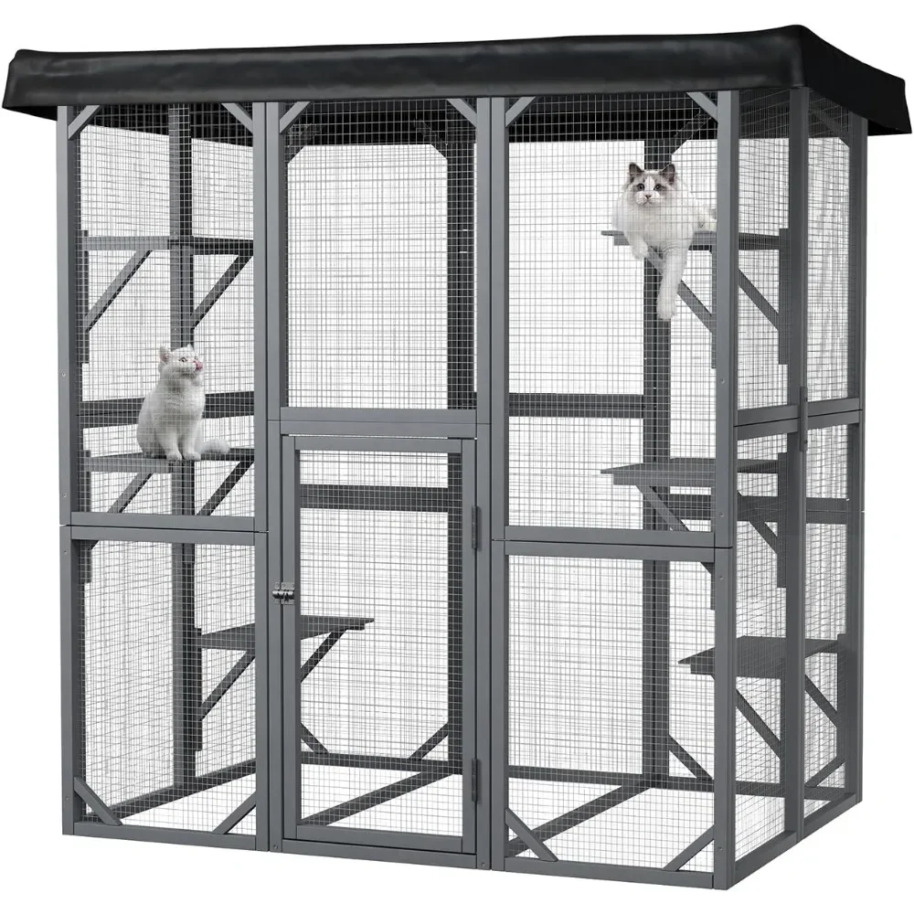 

Catio Outdoor Cat Enclosure, 71 Large Cat House for Multiple Cats with Waterproof Roof, 3 Tier Cat Cage with 6 Platform