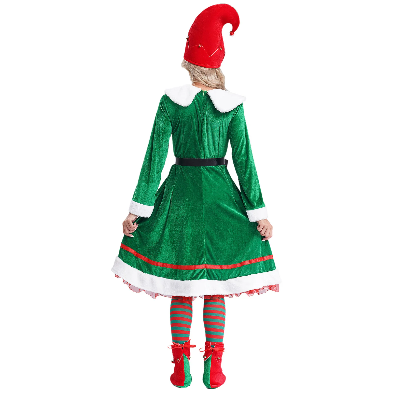 Christmas Elf Costume for Womens Santa Outfit Flannel Maxi Dress Santa Hat Belt Striped Stockings Shoes Set Cosplay Suit