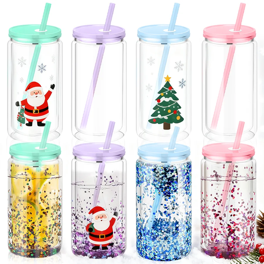 

8pcs 16oz Water Bottle, Mix colour plastic Snow Globe Tumbler, Double Wall Plastic Can with Lid and Straw, Mason Jar Mug