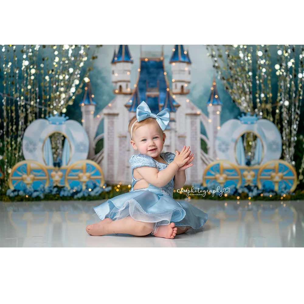 Dream Blue Castle Royal Carriage Photo Background Children Birthday Cake Smash Photography Backdrop Shiny Photo Studio Props