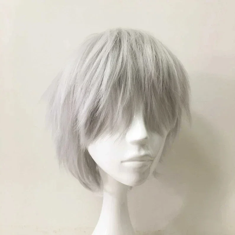 شعر مستعار فضي أبيض من طبقات الشعر القصير مع الاندلاقات الطويلة ، شعر مستعار تأثيري ، شعر مستعار أنيمي ، صبي ، وللنساء #2