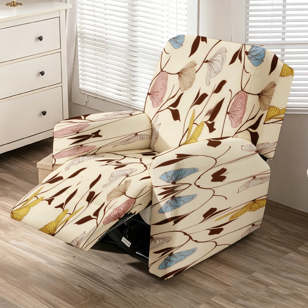 Cream Base Pastel Floral Vine Lotus Recliner Chair Cover Stretch Slipcover Neutral Elegant Furniture Protector
