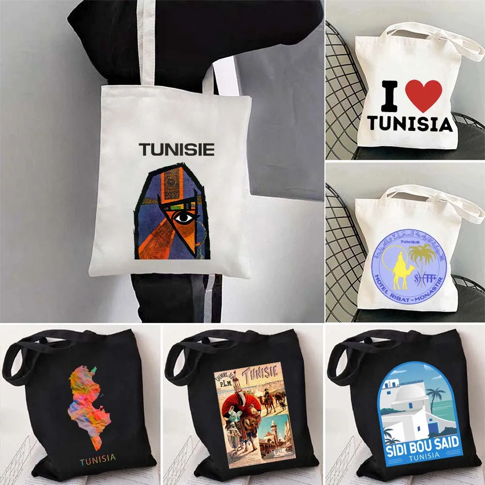 Arms of Tunisia Flag Tunisie Map Tunis Skyline Ribat Travel Love Heart Shoulder Canvas Tote Bag Harajuku Shopping Cotton Handbag