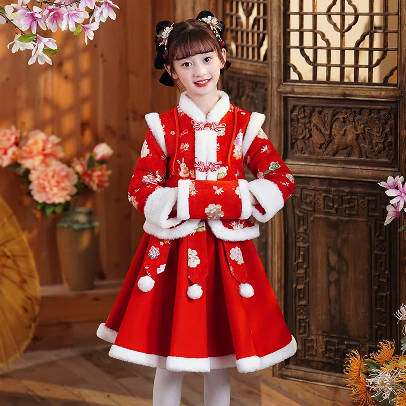 2022 Winter Embroidere Girls Dress For Chine New Year Vintage Chinese Cheongsam 2 Pieces Hanfu Set Kid Spring Festival Gift