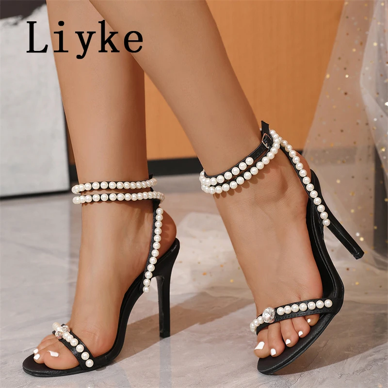 Liyke Fashion Design Pearl Ankle Strap Sandals Women Sexy Open Toe Elegant High Heels Party Prom Shoes Sandalias Verano Mujer