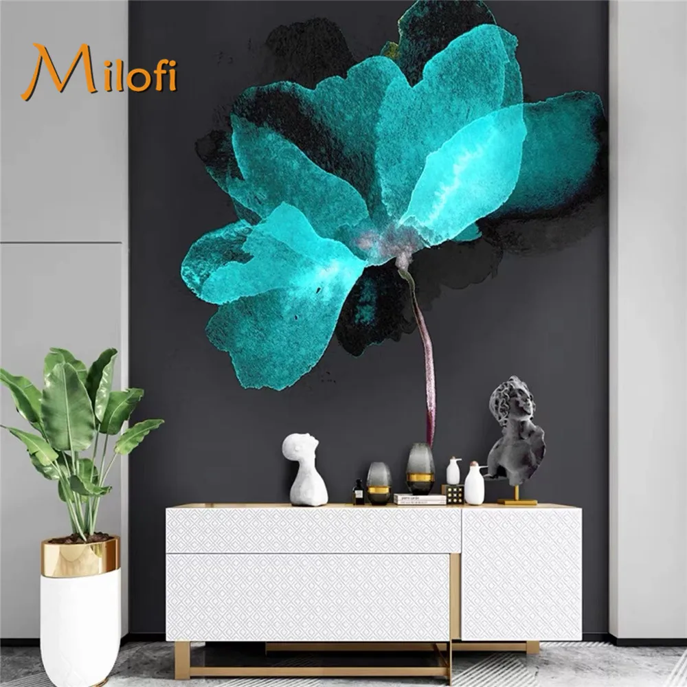 Milofi custom minimalist porch wallpaper, living room blue flower wallpaper, homestay wallpaper, Nordic light luxury mural