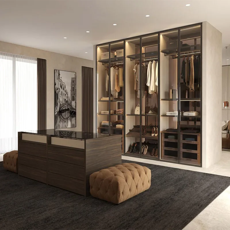 Wish Cloakroom Furniture Clothes Storage Walk in Closet Wardrobe Black Wardrobes Cabinet Closet With Glass Door LED Lights