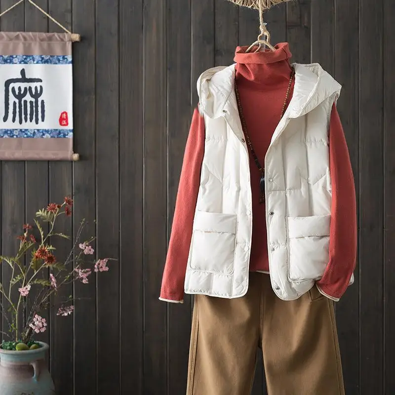 

Women Hooded Down Waistcoat Coat Autumn Winter Light Thin White Duck Down Vest Jacket Female Warm Sleeveless Bigsize Tank Parkas
