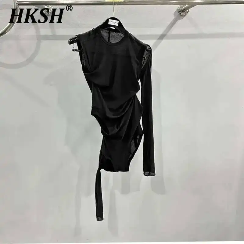 

HKSH Spring Autumn New Men's Dark Punk Thin Knitted T-shirt RO Version Multi Cuffs Method Double Layer Fit Fashion Tees HK2326
