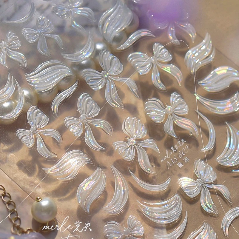 Shiny Delicate Bowknot Ribbon Jelly White Streamer Line Chic Tie Sparkle Adhesive Nail Art Stickers Manicure Decals Decorations