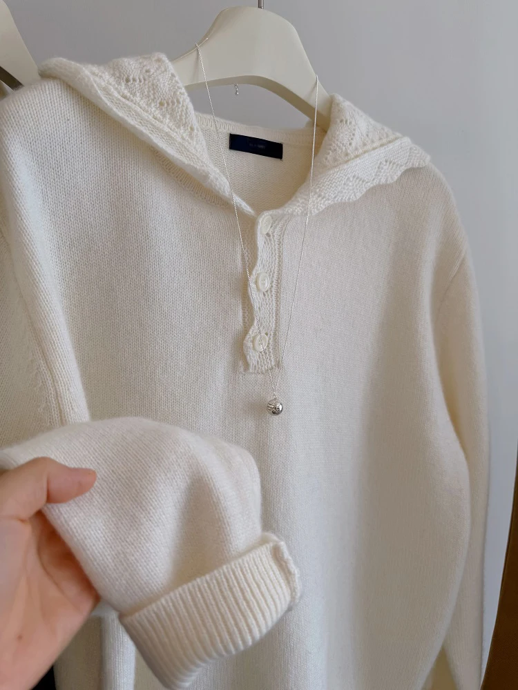 

Autumn Winter Loose Lazy Style Soft Versatile Hooked Flower Hooded Knitted Open Cardigan Sweater Women's Outerwear Korean Whi...