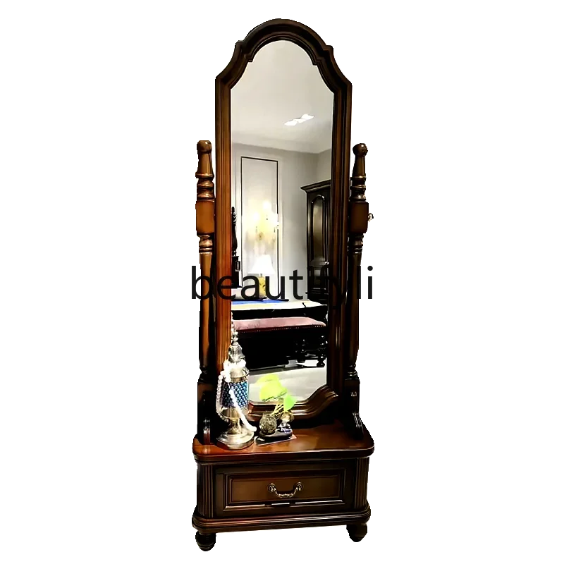 Solid wood European full body retro floor full-length mirror rotatable explosion-proof makeup mirror