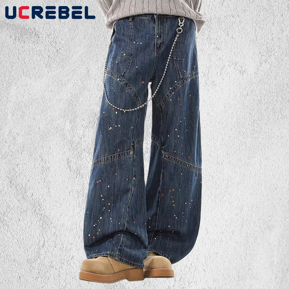 

Splash Ink Spliced Banana Jeans Mens Retro High Street Washed Distressed Pocket Baggy Wide Leg Denim Pants Man