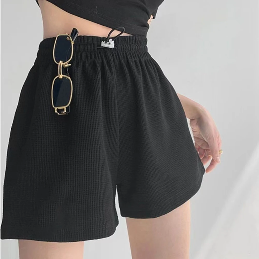 Yoga and casual cotton waffle sports shorts for women loose fit with elastic adjustable waistband and practical side pockets