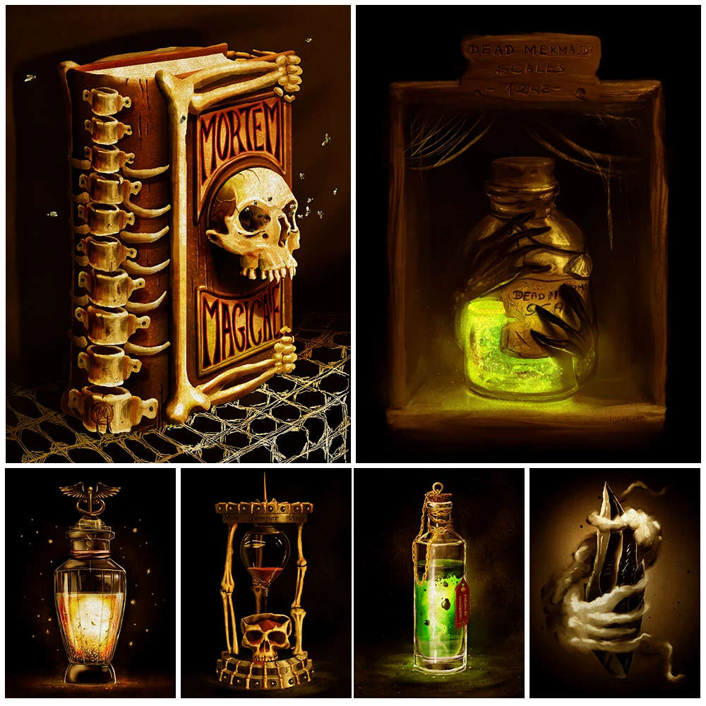 The Magic Book Of Death,Skeletal Tree,Witchcraft Potion Vintage Wall Art Canvas Painting Witchery Element Poster Print Home Deco