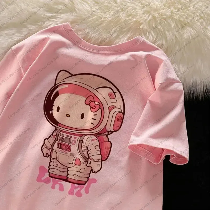 MINISO Hello Kitty 2024 Hot Sale Children's Cartoon T-Shirt Boys Girls Cotton Kawaii Breathable Short Sleeve Kids/Adult Tops