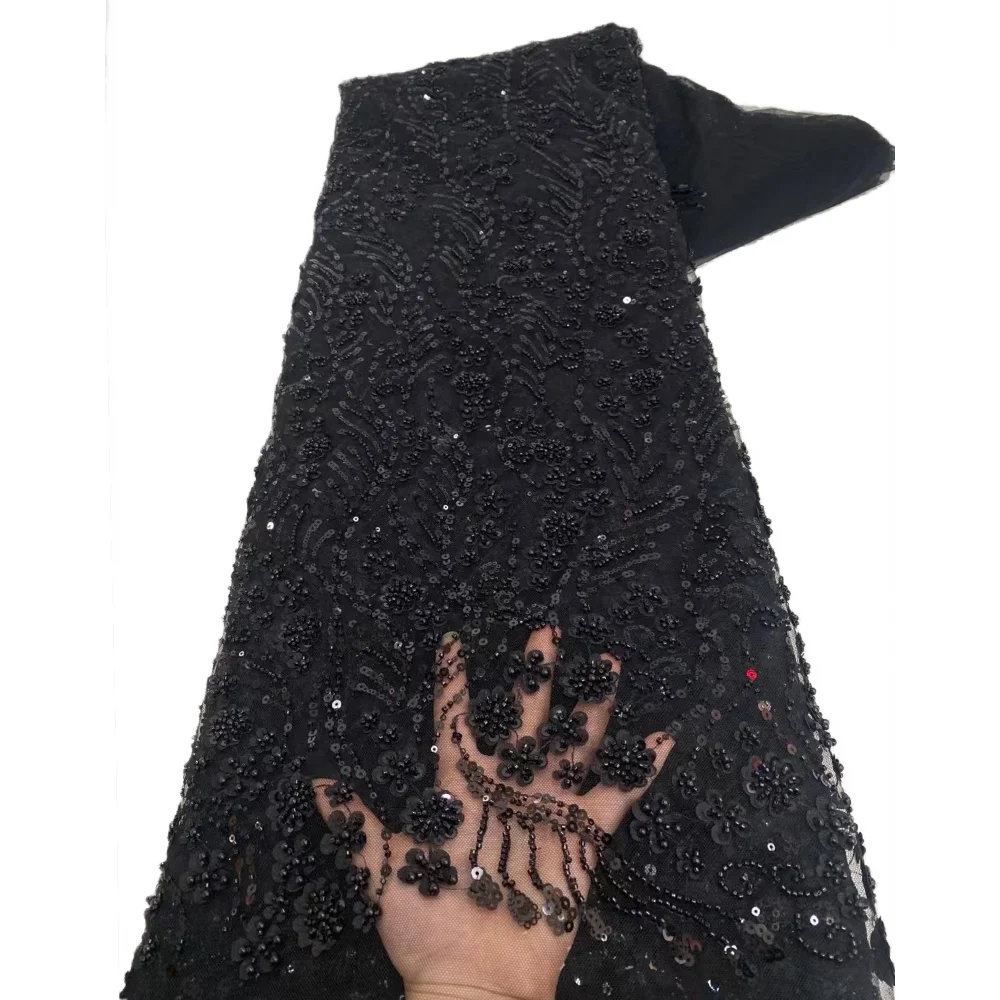 African Luxury Tulle Lace Fabric 5 yards New High Quality Nigeria Sequins Beads Tulle Lace Fabric for Sew Wedding XY86
